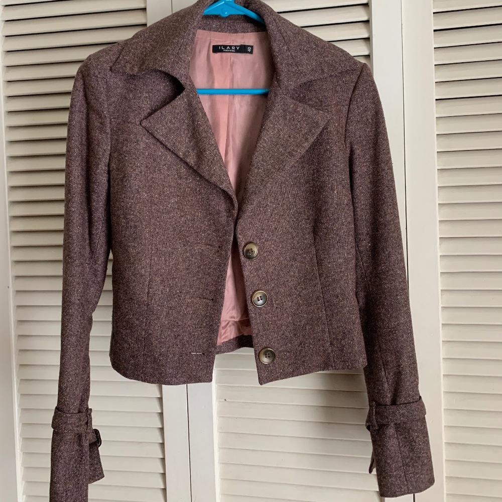 Tweed Wool Blend Cropped Jacket Dark Pink Burgundy Wine Made in Italy by ILARY